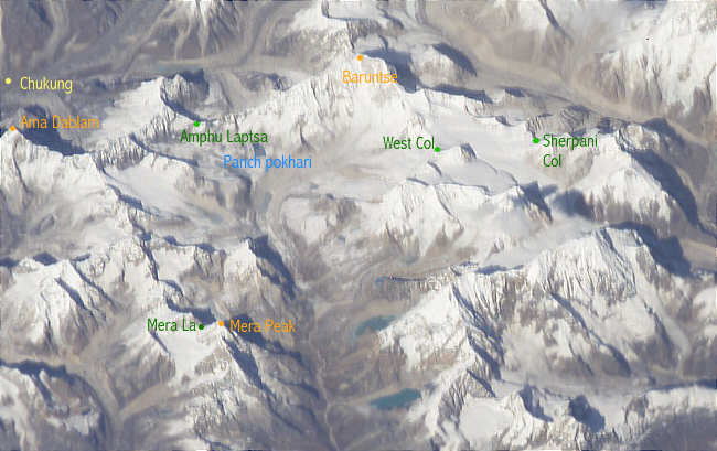 Nepal Weltraumbild Ice Col route , Mera Peak und Amphu Laptsa